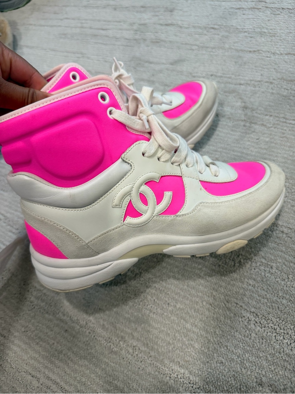 CHANEL Hot Pink and White High-Top Sneakers